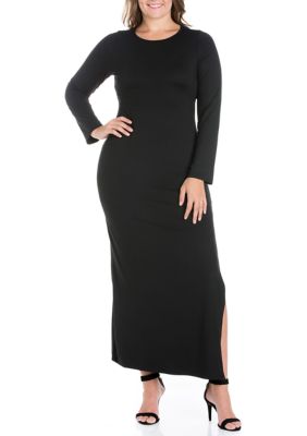 24seven Comfort Apparel Women's Plus Size Long Sleeve Side Slit Fitted Black Maxi Dress