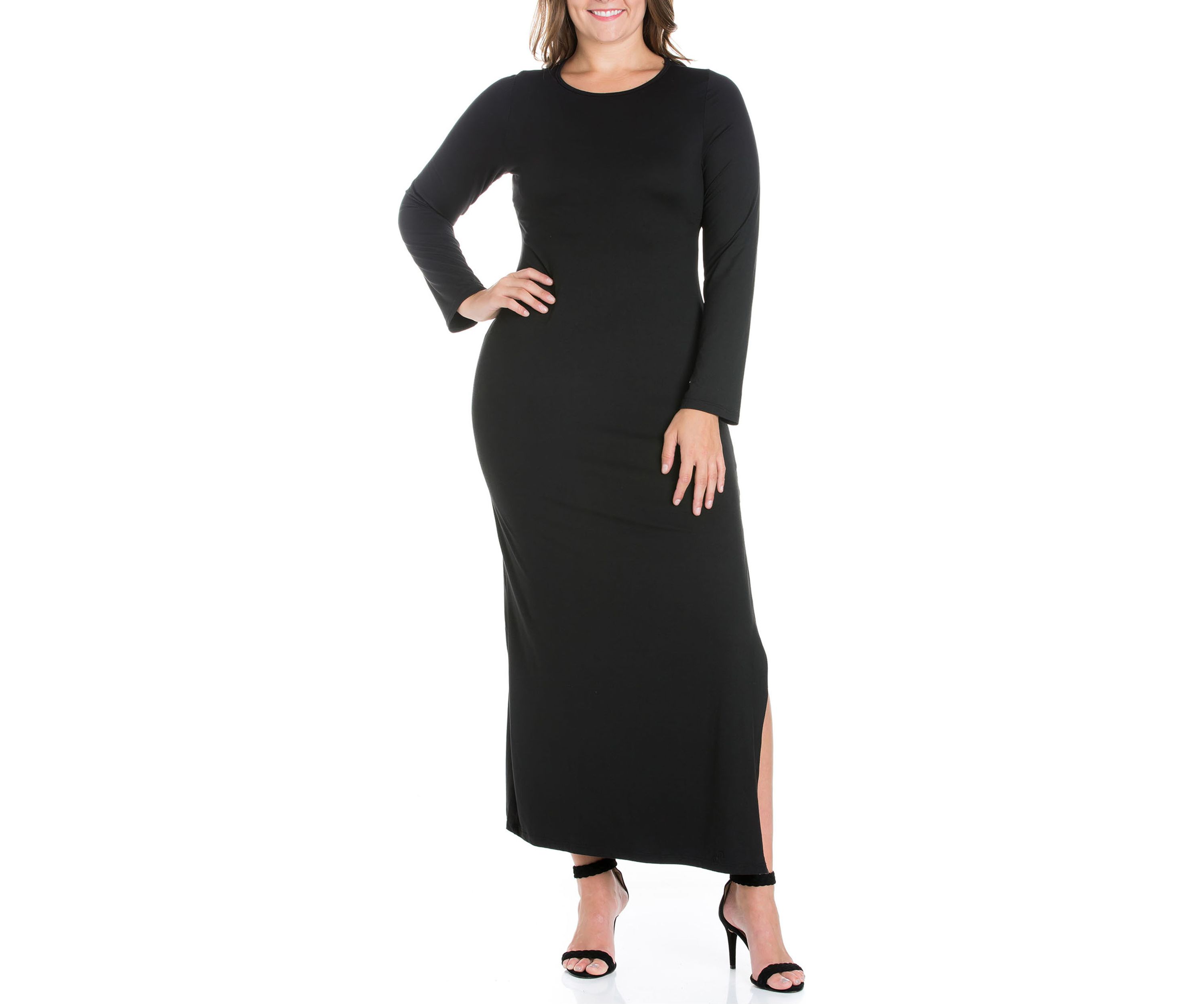 Plus Size Long Sleeve Side Slit Fitted Black Maxi Dress