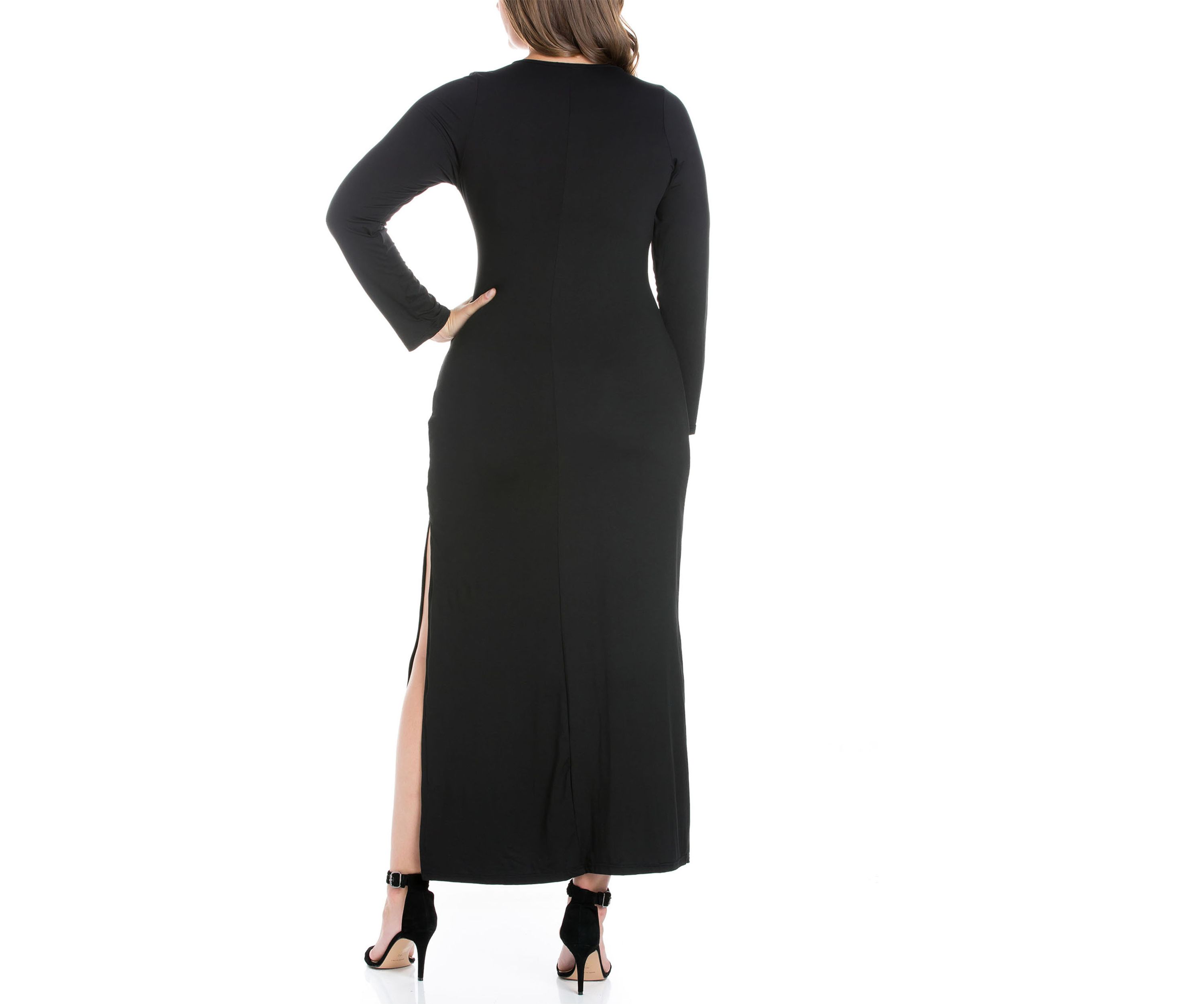 Plus Size Long Sleeve Side Slit Fitted Black Maxi Dress