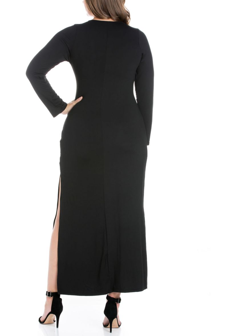 Plus Size Long Sleeve Side Slit Fitted Black Maxi Dress
