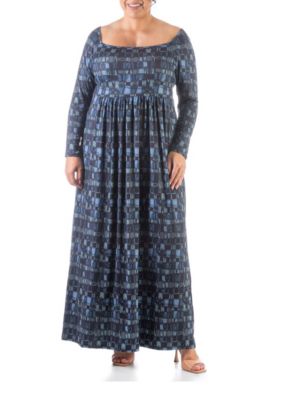 24seven Comfort Apparel Women's Grey Long Sleeve Pleated Plus Size Maxi Dress