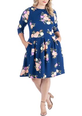 24seven Comfort Apparel Plus Size Floral Navy Knee Length Pocket Dress ...