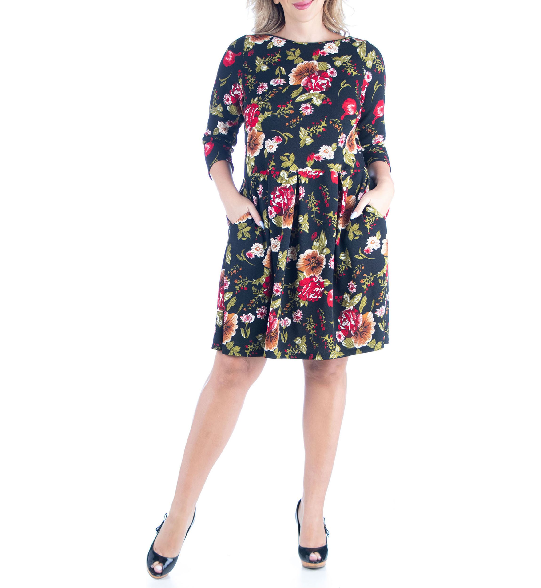 Plus Size Print Knee Length Fit and Flare Pocket Dress