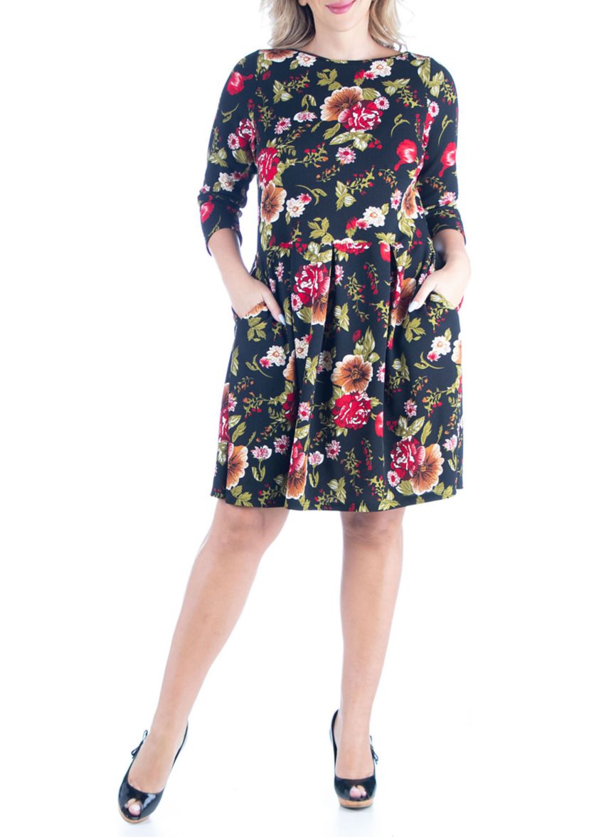 Plus Size Print Knee Length Fit and Flare Pocket Dress