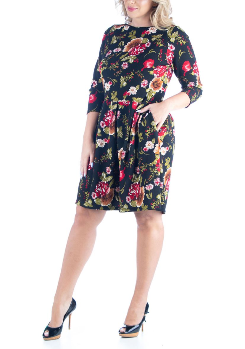 Plus Size Print Knee Length Fit and Flare Pocket Dress