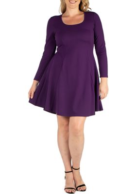 24seven Comfort Apparel Women's Plus Size Long Sleeve Knee Length Skater Dress, Purple