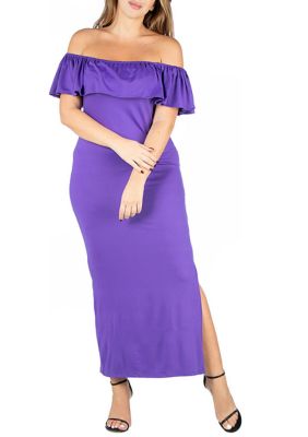 24seven Comfort Apparel Women's Plus Size Ruffle Off The Shoulder Maxi Dress, Purple, 1X