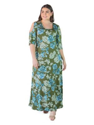 24seven Comfort Apparel Plus Size Green Floral Cold Shoulder Flowy ...