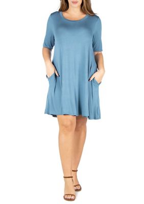 24seven Comfort Apparel Women's Plus Size Knee Length Pocket T-Shirt Dress, Blue, 1X