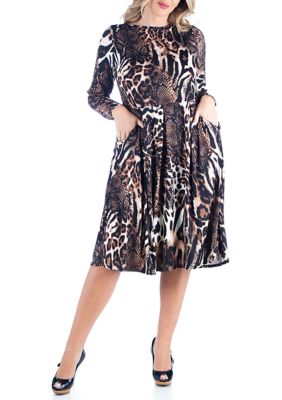 Download 24seven Comfort Apparel Plus Size Animal Print Long Sleeve Pleated Midi Dress Belk