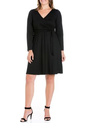 24seven Comfort Apparel Women's Plus Size Chic V-Neck Long Sleeve Belted Dress