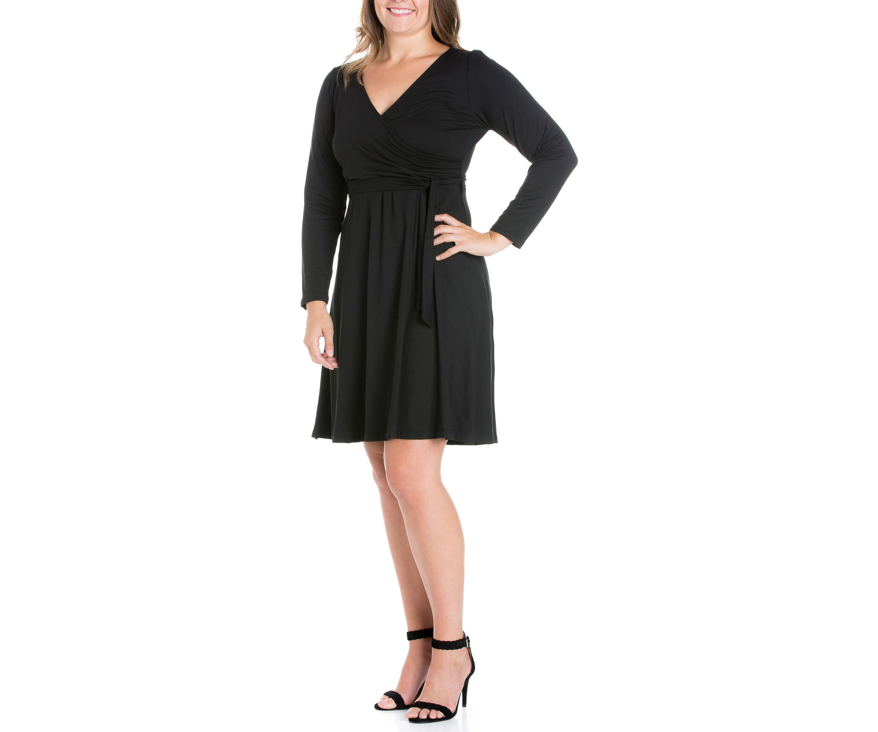 Plus Size Chic V-Neck Long Sleeve Belted Dress