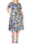 Plus Size Abstract Plus Size Pleated Fit and Flare Midi Pocket Dress