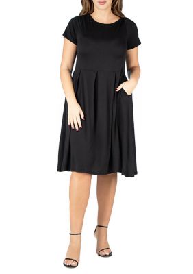 24seven Comfort Apparel Women's Short Sleeve Plus Size Midi Skater Dress With Pockets, Black, 1X