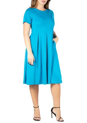 24seven Comfort Apparel Women's Short Sleeve Plus Size Midi Skater Dress With Pockets, 2X