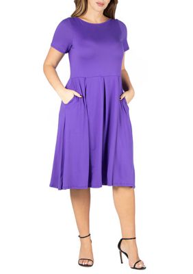 24seven Comfort Apparel Women's Short Sleeve Plus Size Midi Skater Dress With Pockets, Lilac, 3X