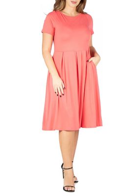 24seven Comfort Apparel Women's Short Sleeve Plus Size Midi Skater Dress With Pockets, Coral