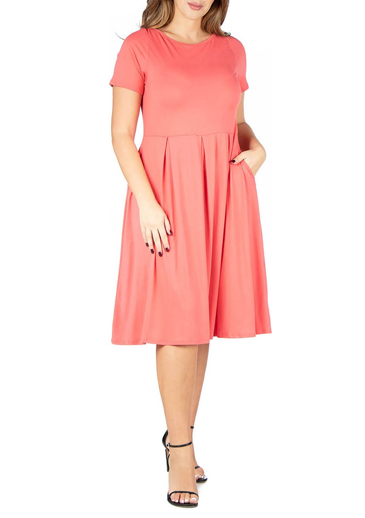 Short Sleeve Plus Size  Midi Skater Dress With Pockets