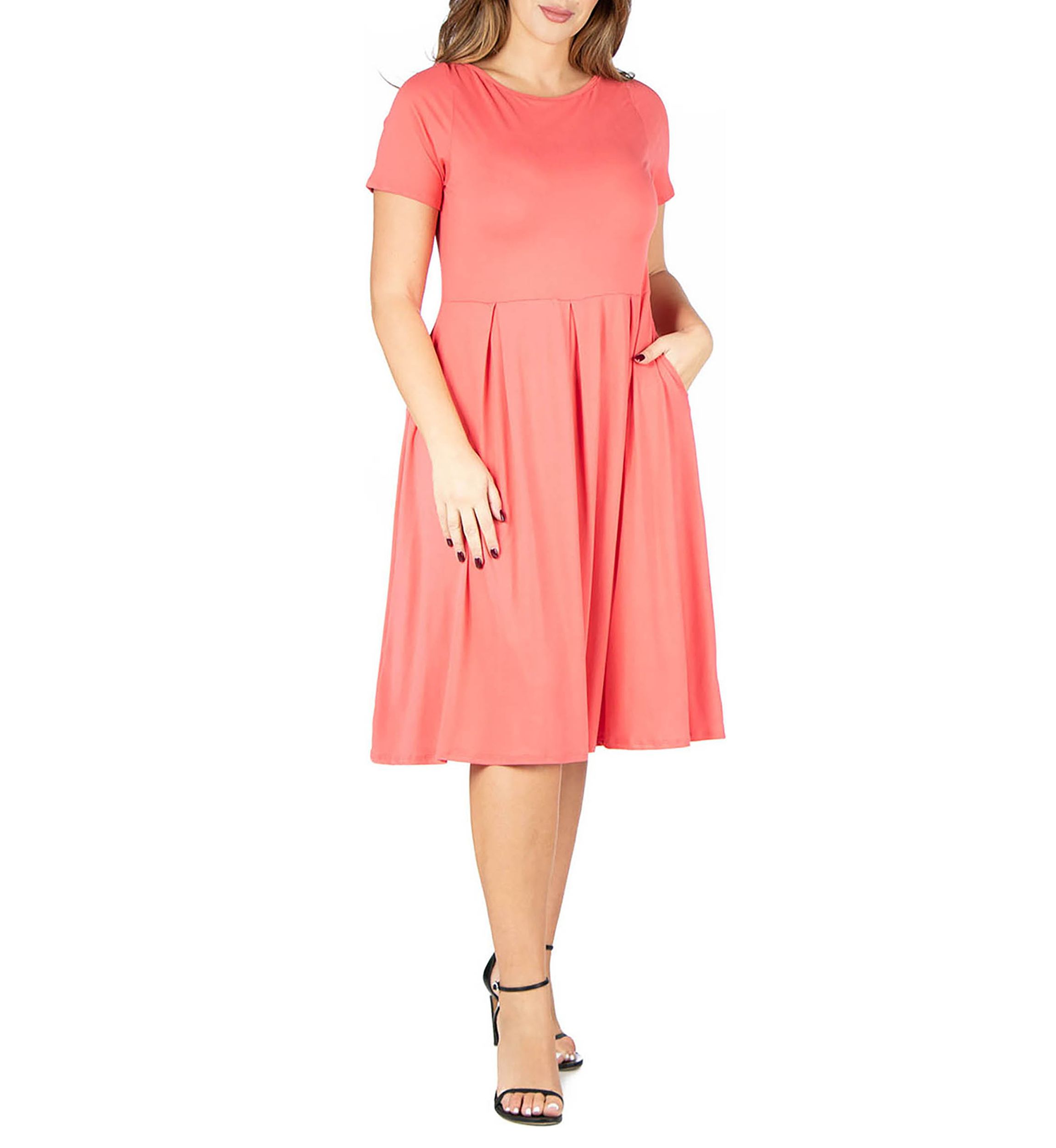Short Sleeve Plus Size  Midi Skater Dress With Pockets