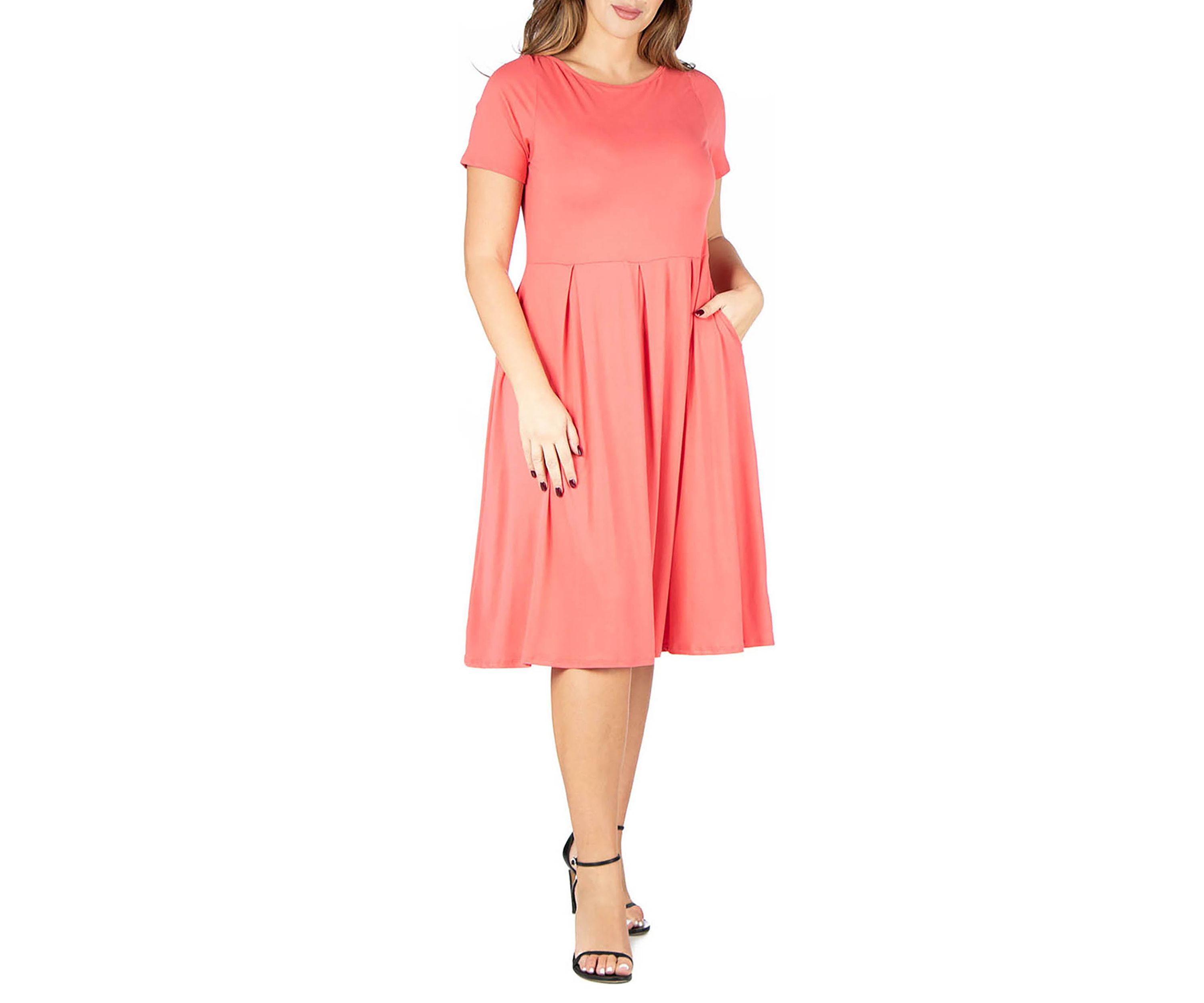 Short Sleeve Plus Size  Midi Skater Dress With Pockets