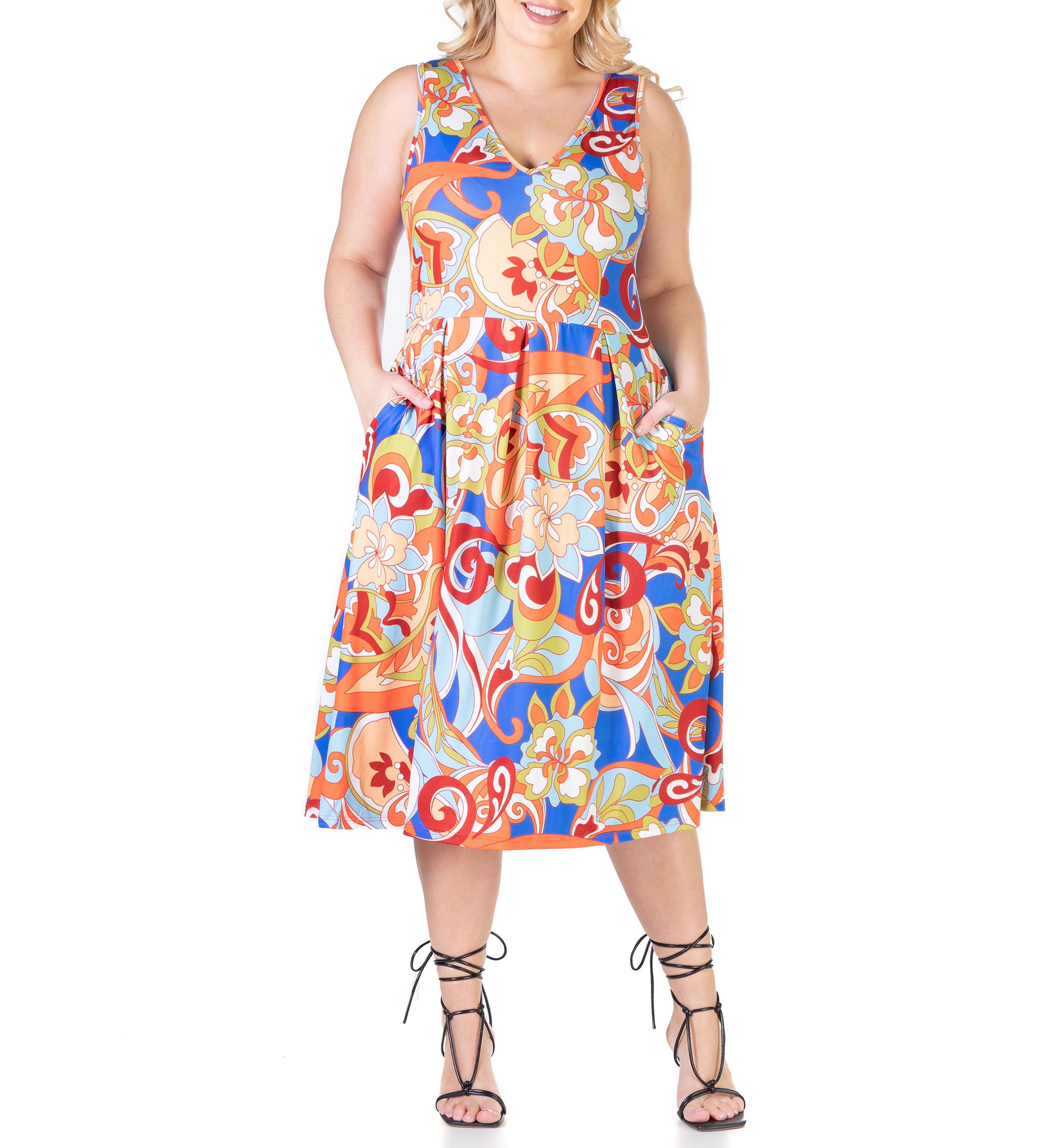 Multicolor Plus Size Midi Plus Size Fit and Flare Pocket Dress