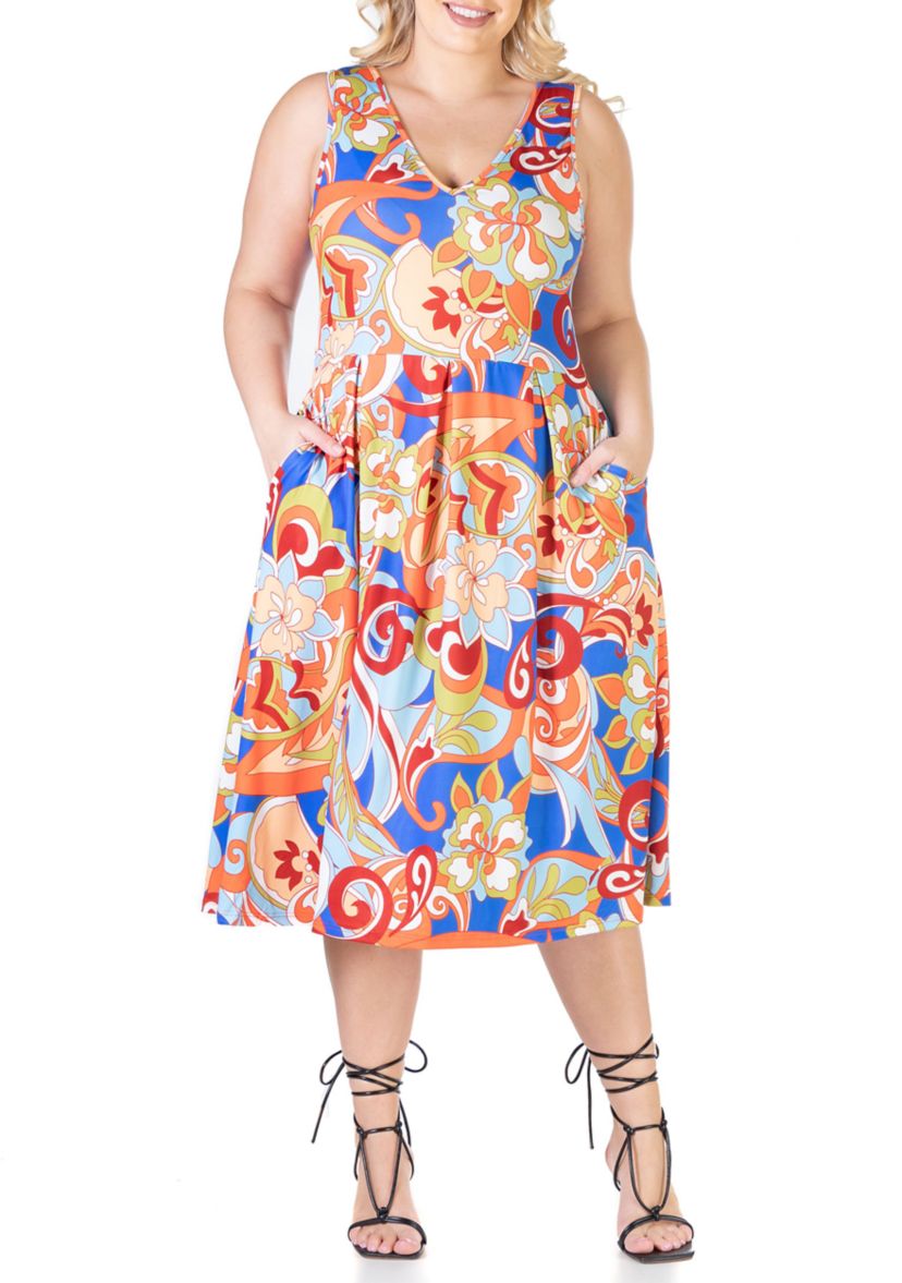Multicolor Plus Size Midi Plus Size Fit and Flare Pocket Dress