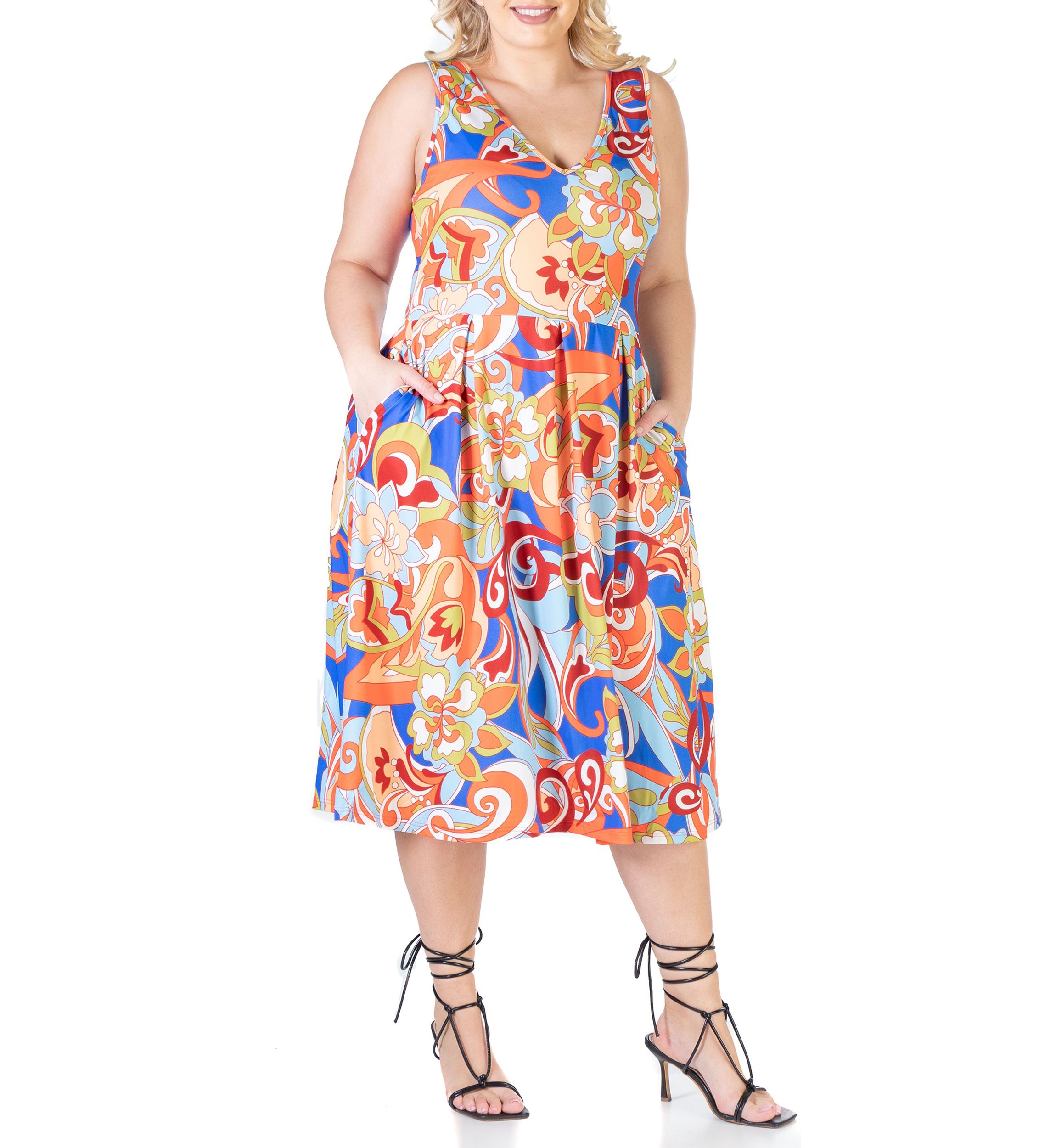 Multicolor Plus Size Midi Plus Size Fit and Flare Pocket Dress