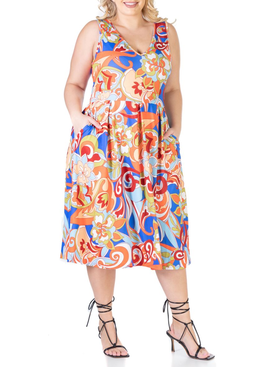 Multicolor Plus Size Midi Plus Size Fit and Flare Pocket Dress