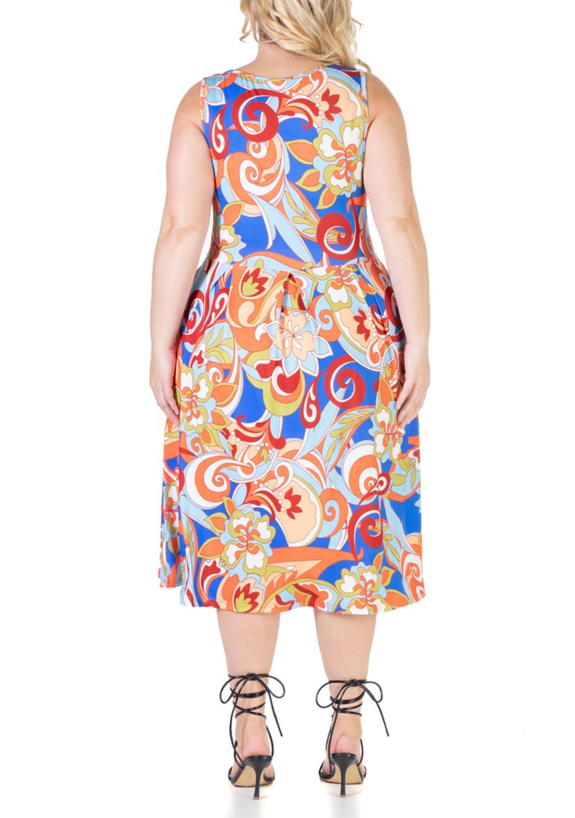 Multicolor Plus Size Midi Plus Size Fit and Flare Pocket Dress