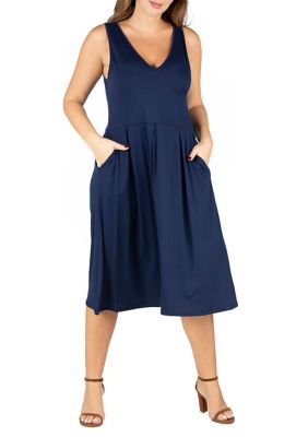 24seven Comfort Apparel Women's Plus Size Sleeveless Midi Fit and Flare Pocket Dress