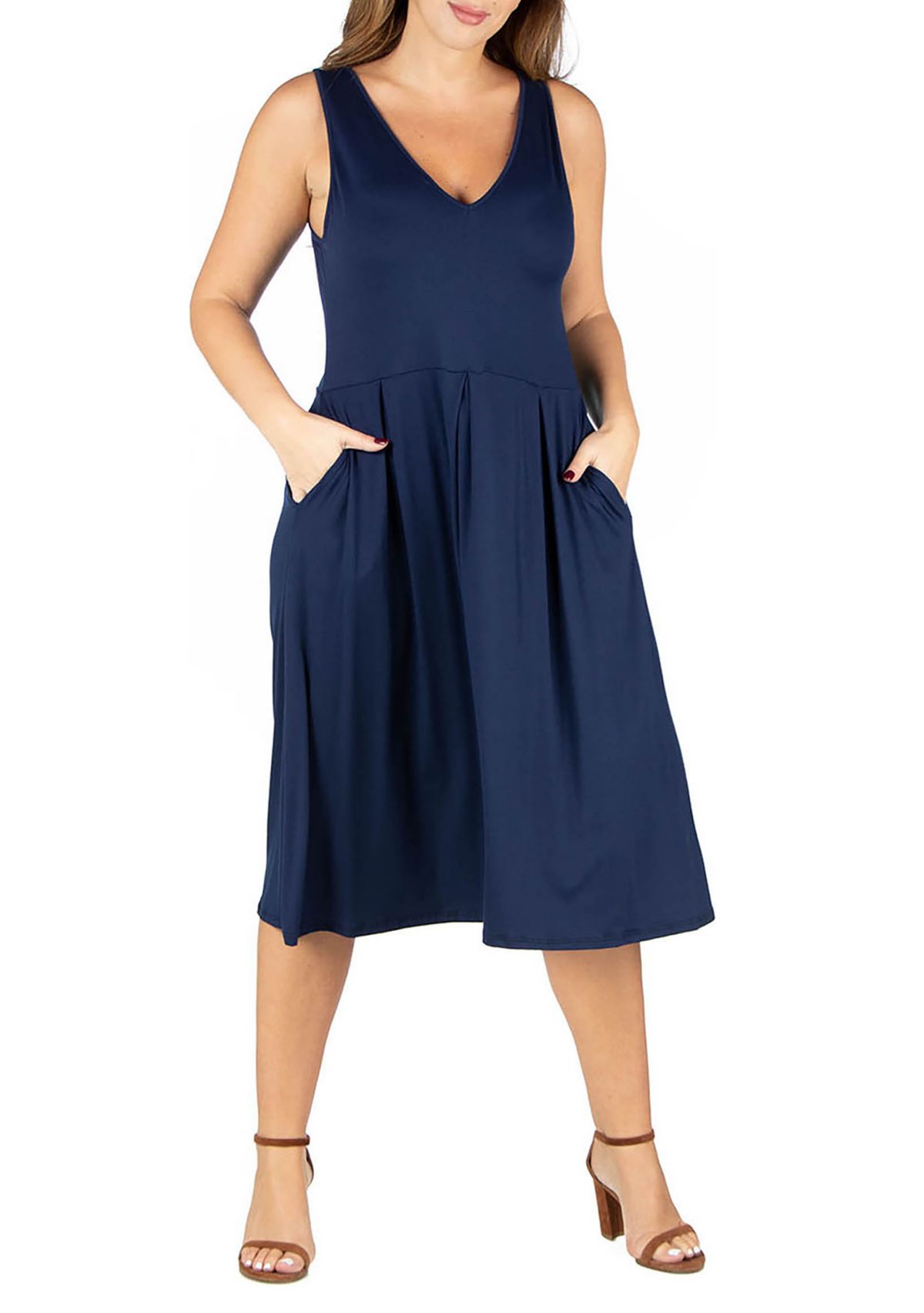 Plus Size Sleeveless Midi  Fit and Flare Pocket Dress