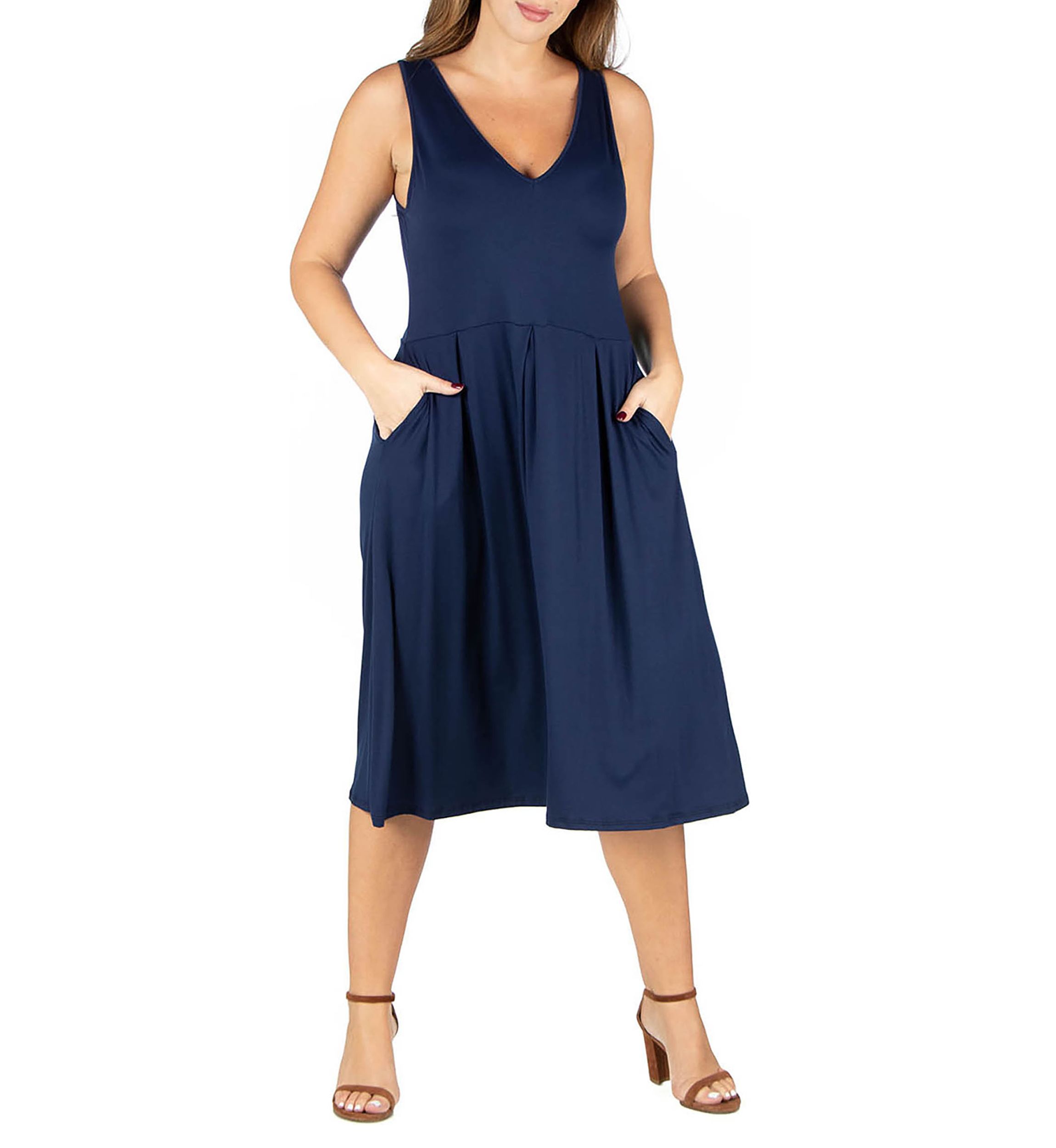 Plus Size Sleeveless Midi  Fit and Flare Pocket Dress