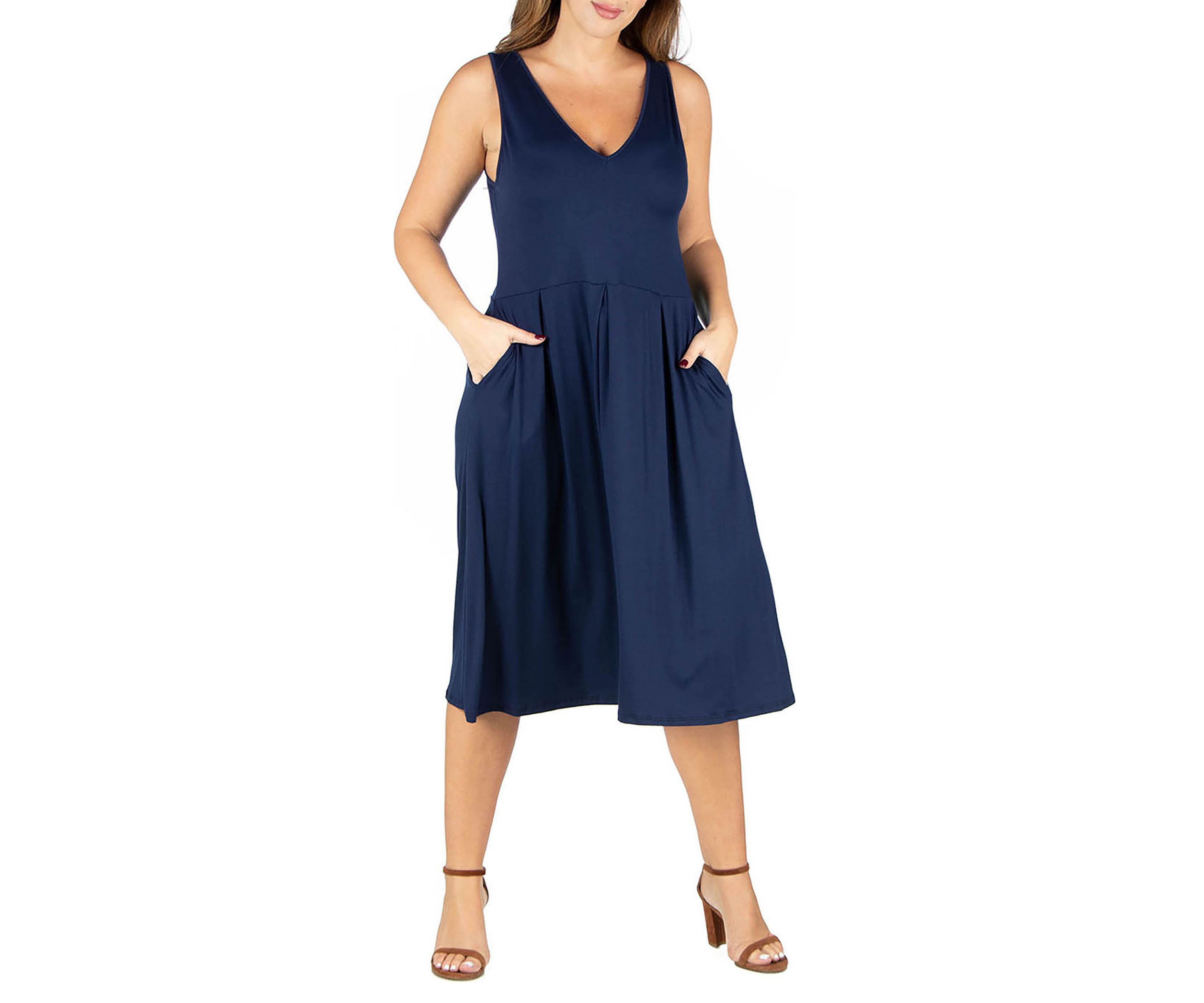 Plus Size Sleeveless Midi  Fit and Flare Pocket Dress