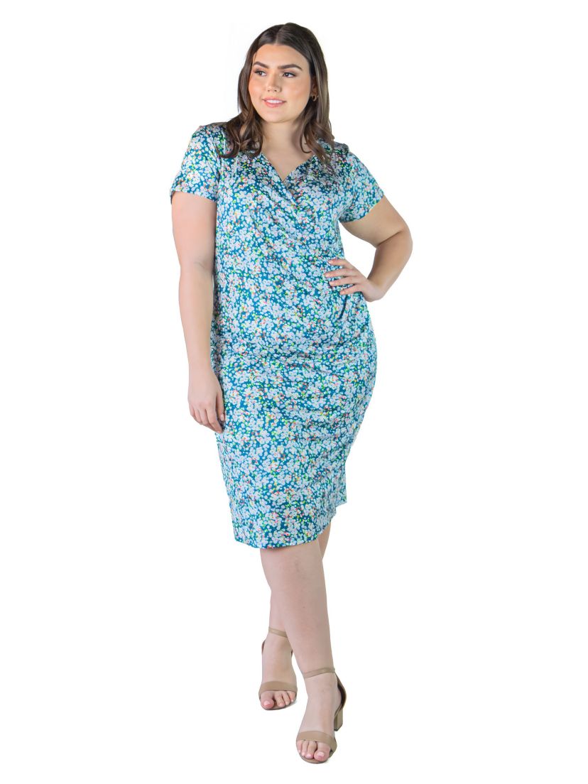 Plus Size Knee-length faux wrap dress with short sleeves
