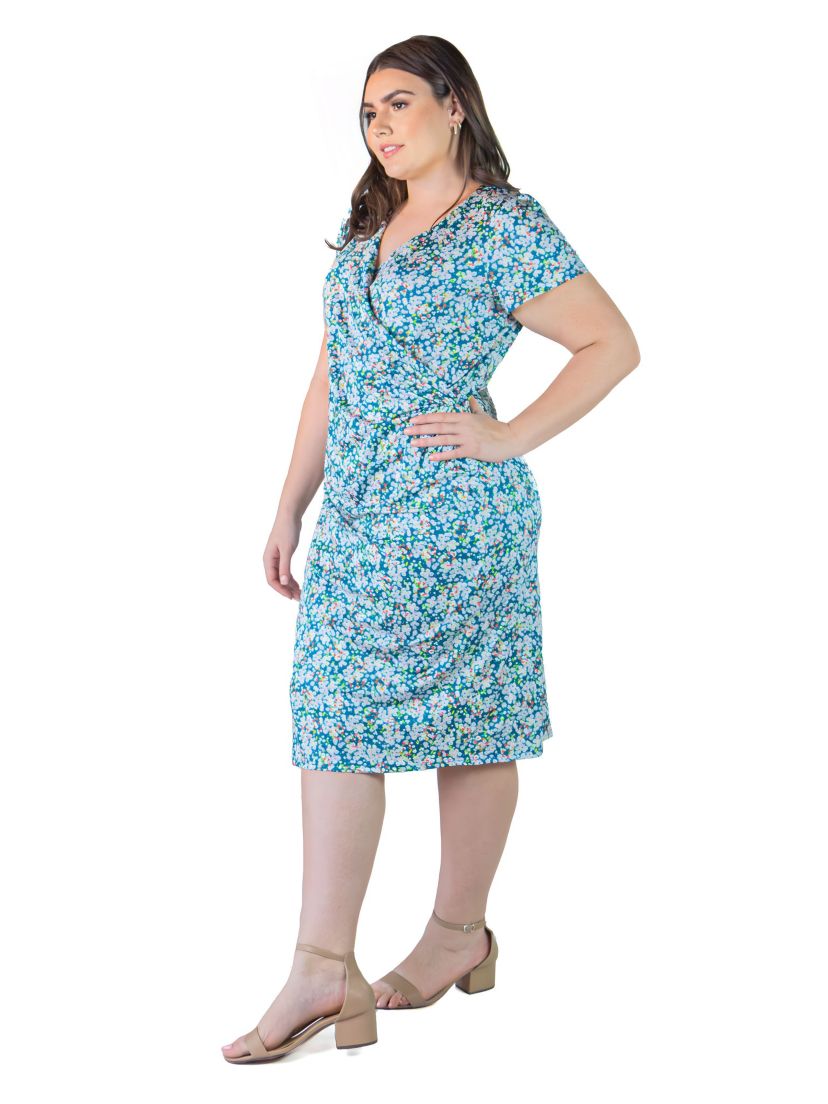 Plus Size Knee-length faux wrap dress with short sleeves