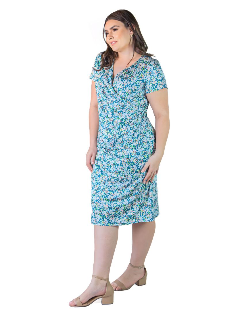 Plus Size Knee-length faux wrap dress with short sleeves