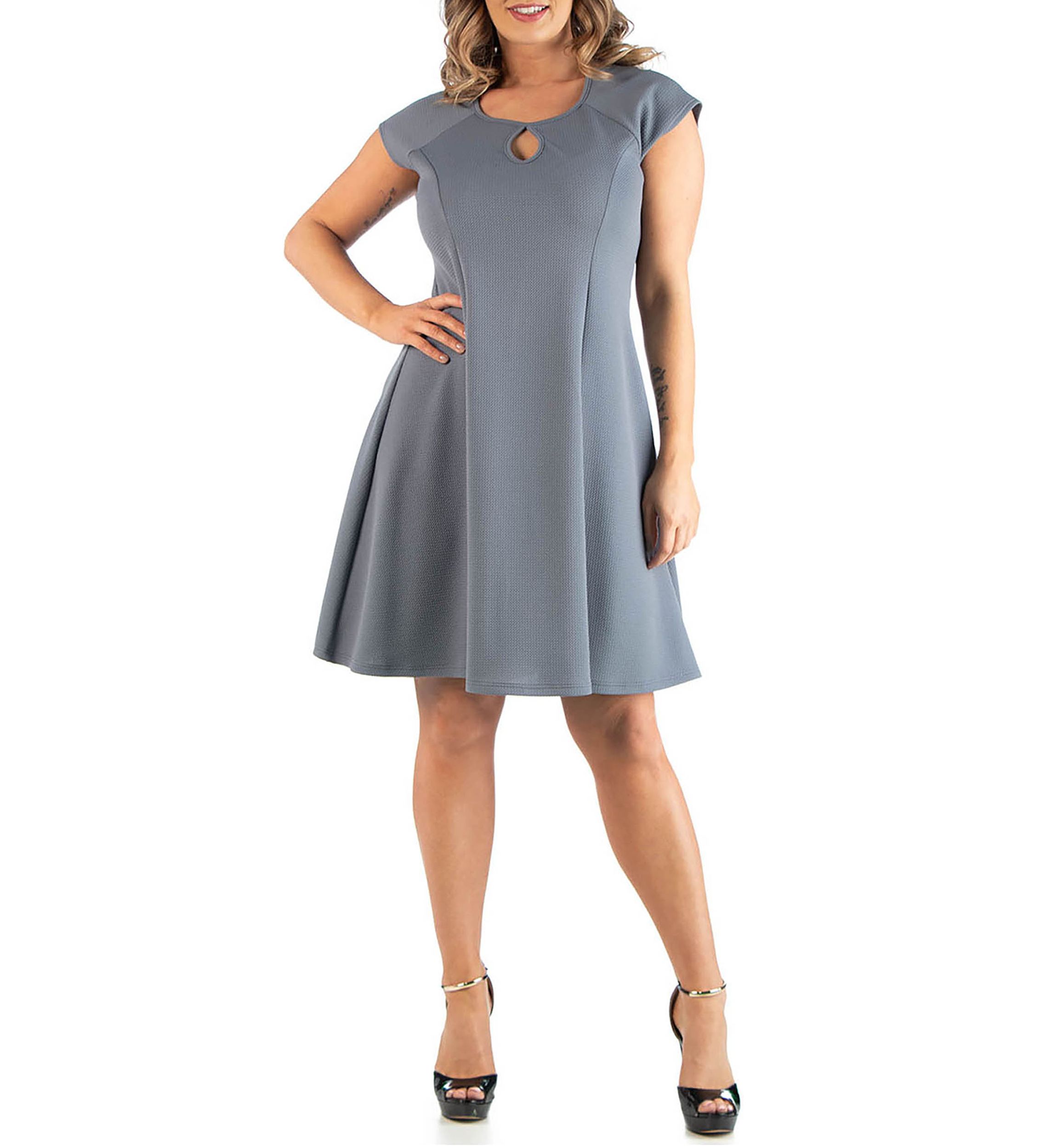 grey work dresses Berylove Women Dark Grey A-Line Midi Work Dress Notched Lapel Long Sleeve  Tweed Business Casual Dress