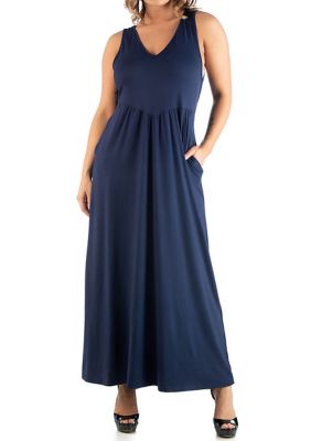 24seven Comfort Apparel Women's Plus Size Maxi Sleeveless Dress with Pockets, Navy Blue, 3X