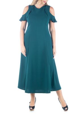 24seven Comfort Apparel Women's Plus Size Ruffle Cold Shoulder A-Line Maxi Dress, Green, 3X