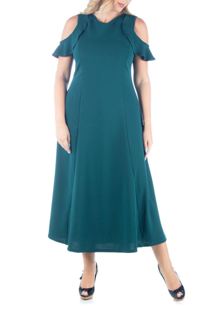 Plus Size Ruffle Cold Shoulder A-Line Maxi Dress