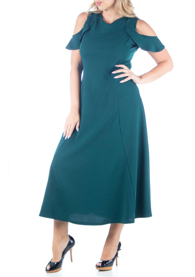 Plus Size Ruffle Cold Shoulder A-Line Maxi Dress