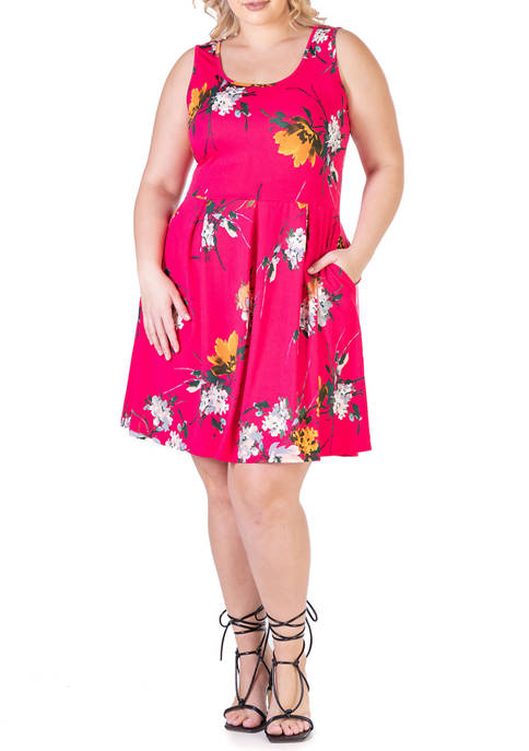 Plus Size Floral Sleeveless Knee Length Pocket Dress