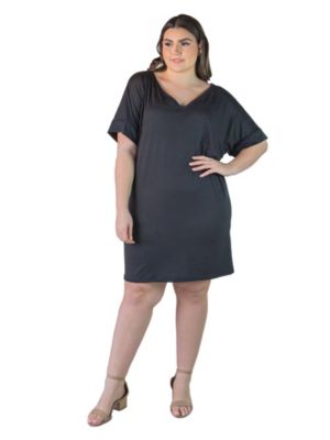 24seven Comfort Apparel Women's Plus Size V-neck knee-length dress with a loose fit, Black, 3X