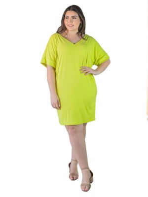 24seven Comfort Apparel Women's Plus Size V-neck knee-length dress with a loose fit, Lime, 3X