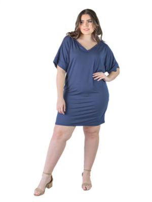 24seven Comfort Apparel Women's Plus Size V-neck knee-length dress with a loose fit, Navy Blue, 3X