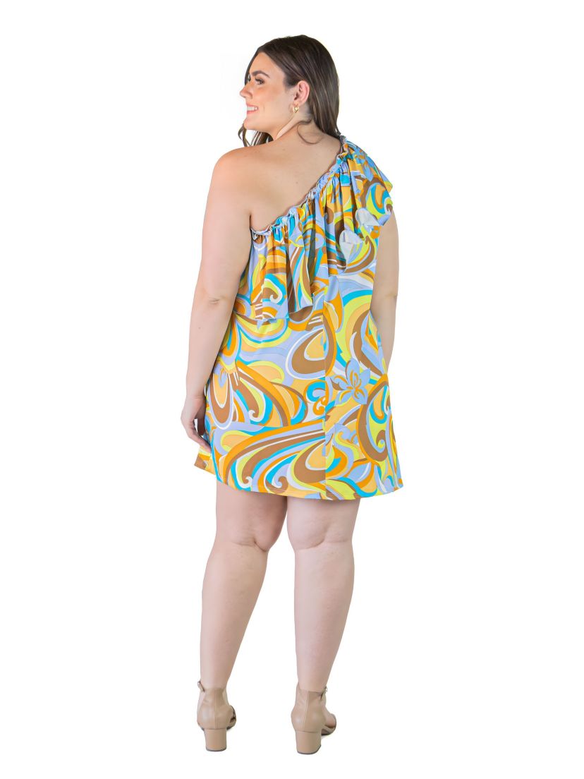 Plus Size Multi Print One-shoulder mini dress with ruffles