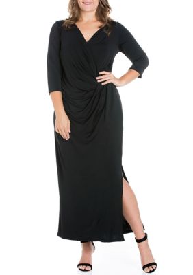 24seven Comfort Apparel Women's Plus Size Fitted V-Neck Side Slit Maxi Dress