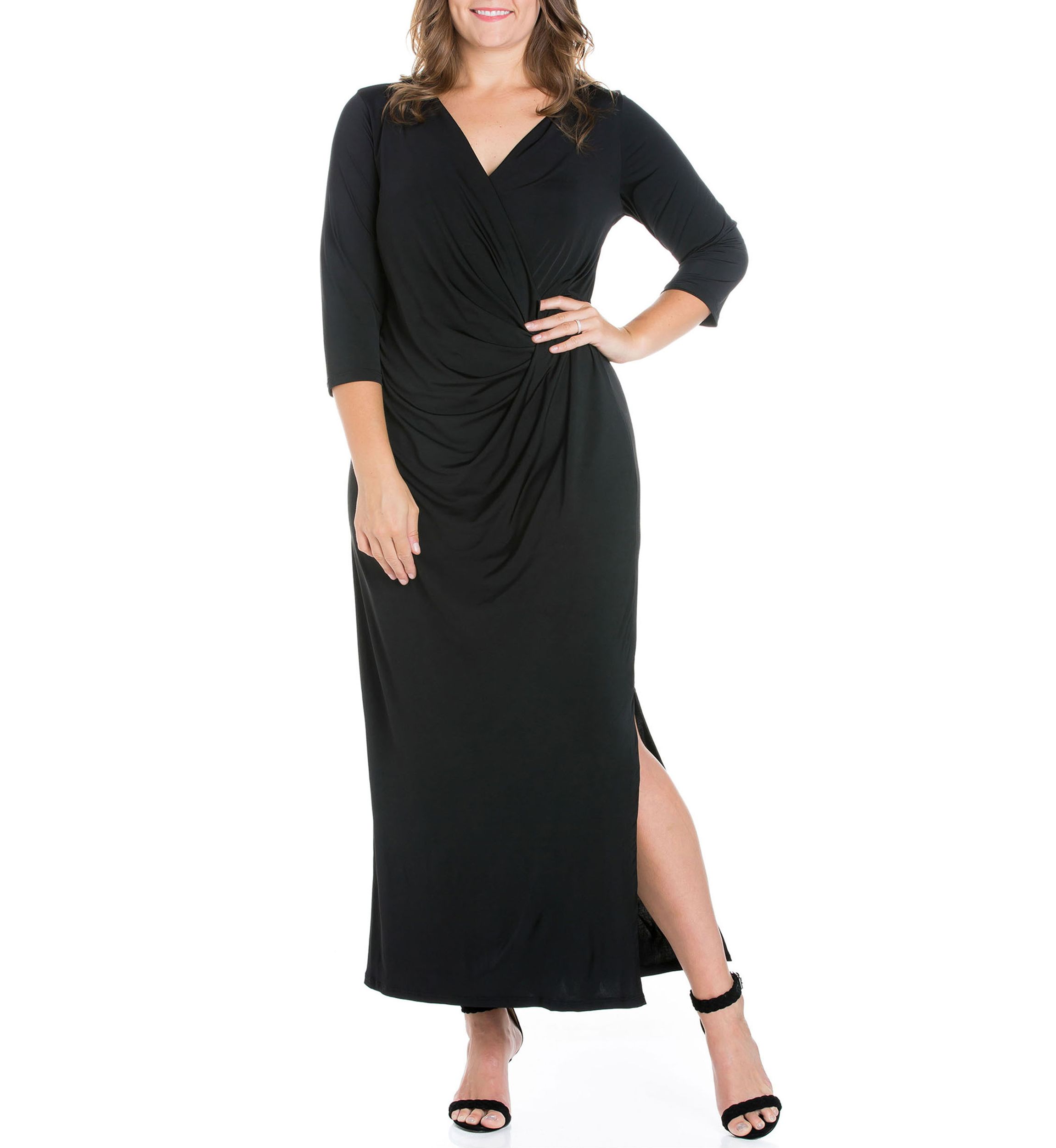 Plus Size Fitted V-Neck Side Slit Maxi Dress