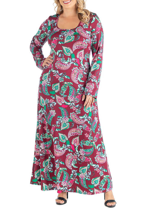 Plus Size Red Paisley Long Sleeve A Line Maxi Dress