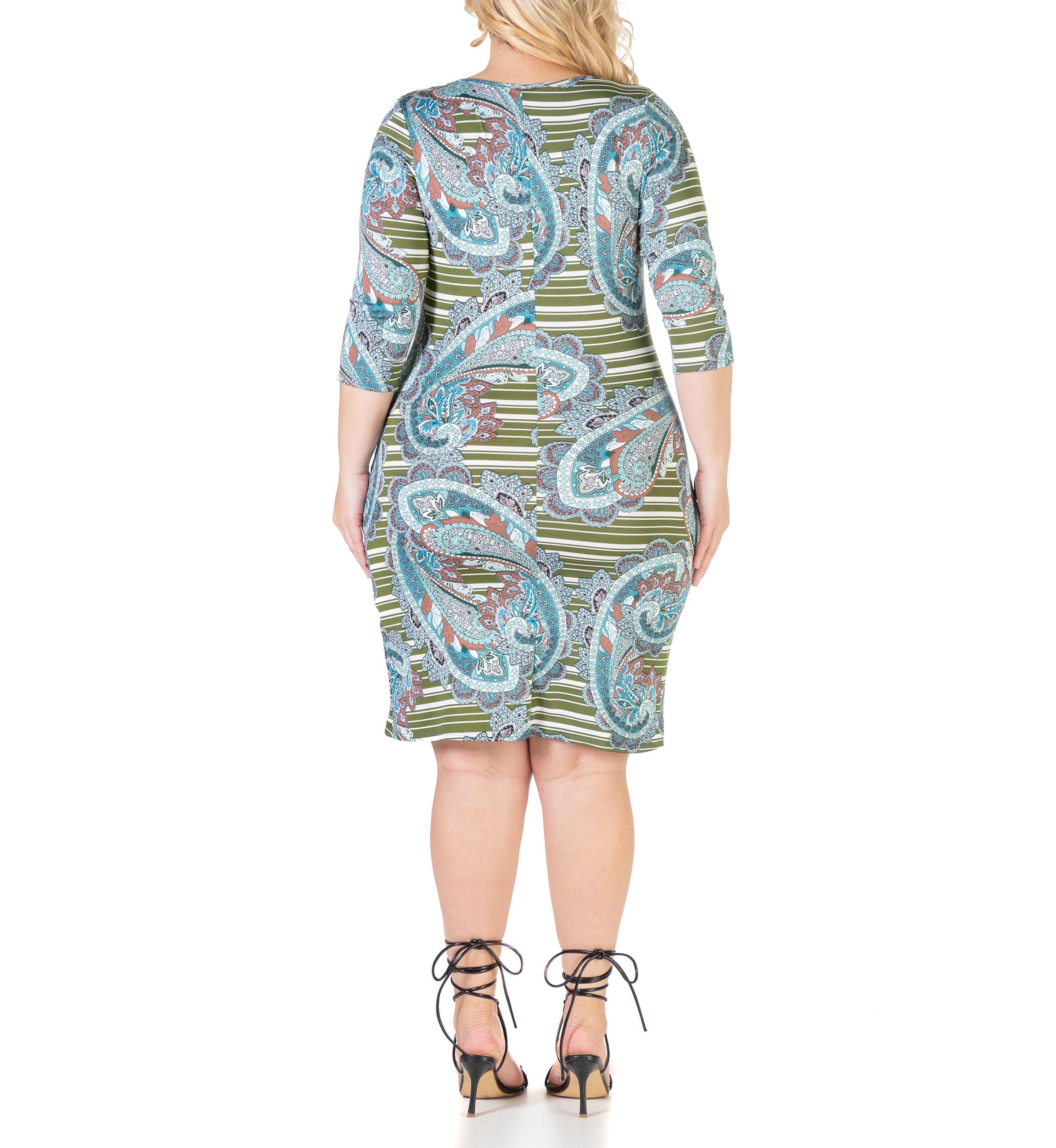 Paisley Plus Size Elbow Sleeve Ruched Knee Length Dress